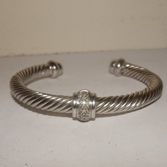 SS 925 Pave Diamonds Cable Cuff Bracelet - Picture 2 of 9